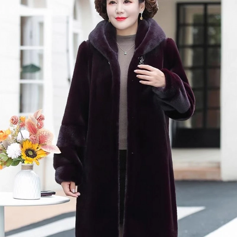 冬装连帽仿皮草外套女中长款加厚大码水貂毛妈妈装宽松中老年大衣