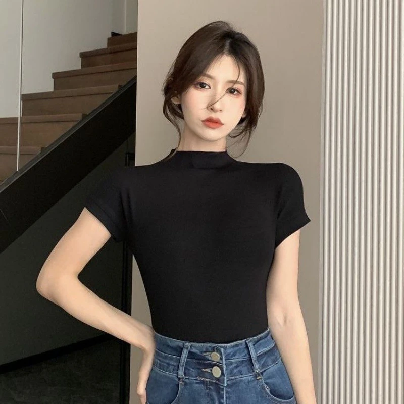 2025春夏款洋气蝙蝠袖半高领打底衫女宽松小众上衣白色韩版棉T桖