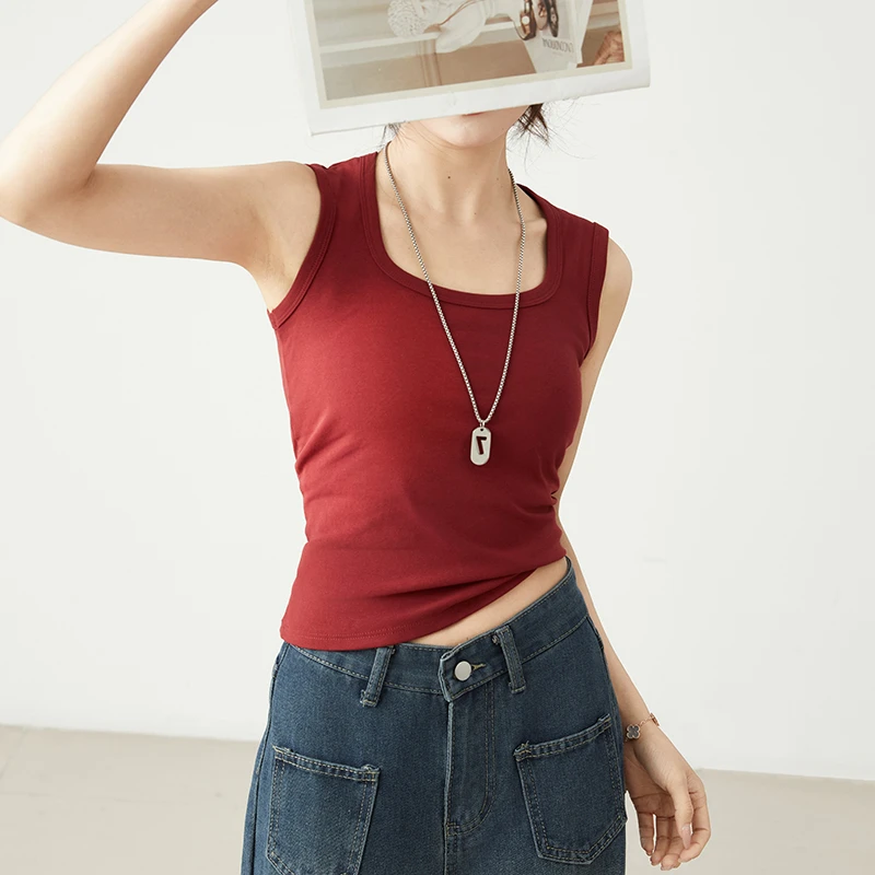 安哥拉红辣妹砍肩工字背心女士夏打底吊带西装内搭ins潮短款上衣