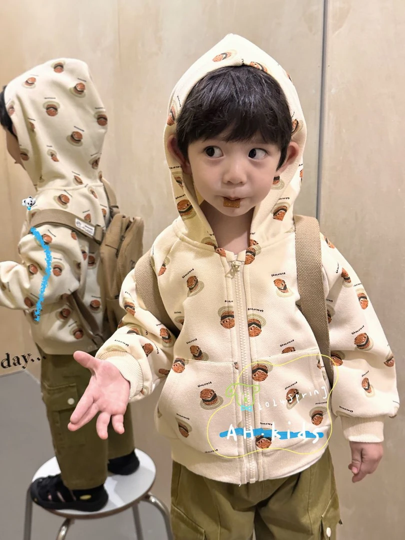 【满印汉堡外套】2024新款百搭卫衣童装男童小童宝宝宽松带帽外套