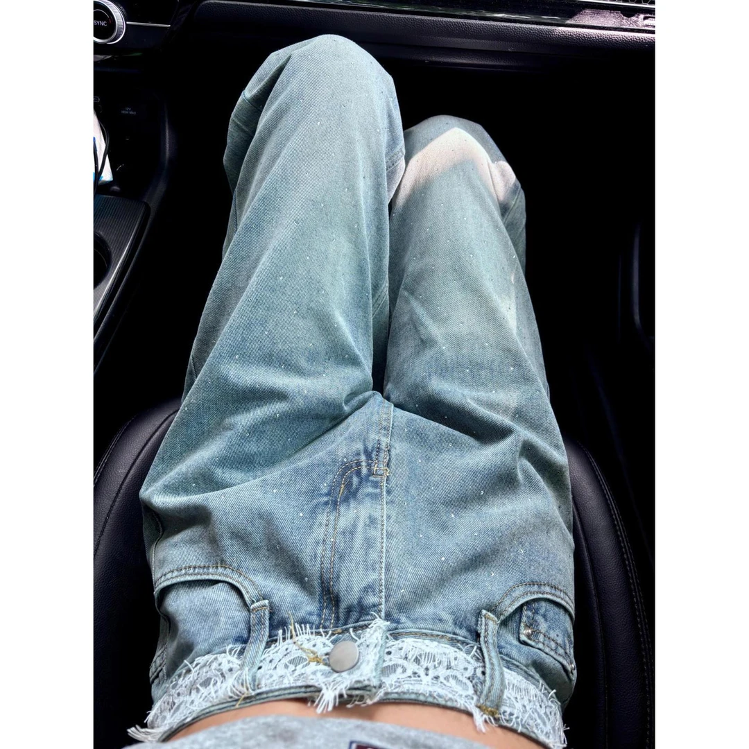 甜美蕾丝腰边设计感直筒牛仔裤女2025爆款新款垂感通勤阔腿拖地裤