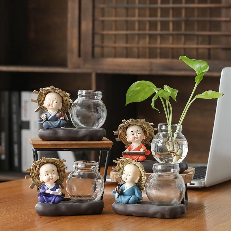 客厅摆件茶宠摆件小和尚水培花瓶水养植物招财禅意茶道茶玩茶宝