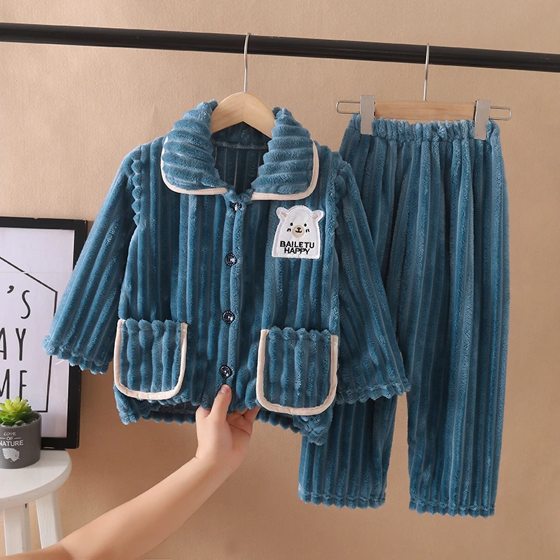 秋冬季儿童珊瑚绒睡衣女童女孩加厚法兰绒冬款男童宝宝家居服套装