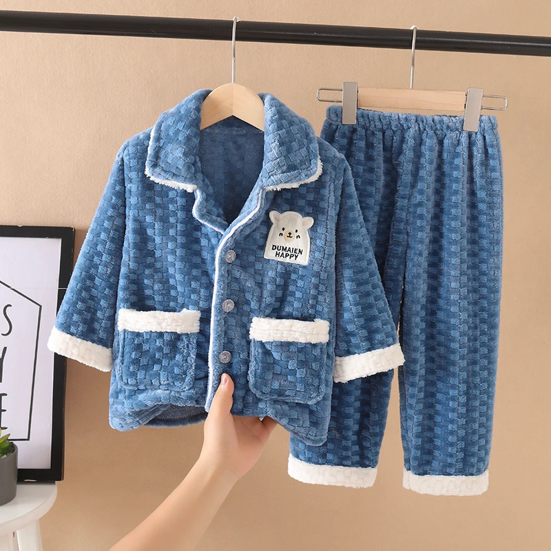 秋冬季男童加厚冬款法兰绒女童宝宝套装男孩家居服儿童珊瑚绒睡衣