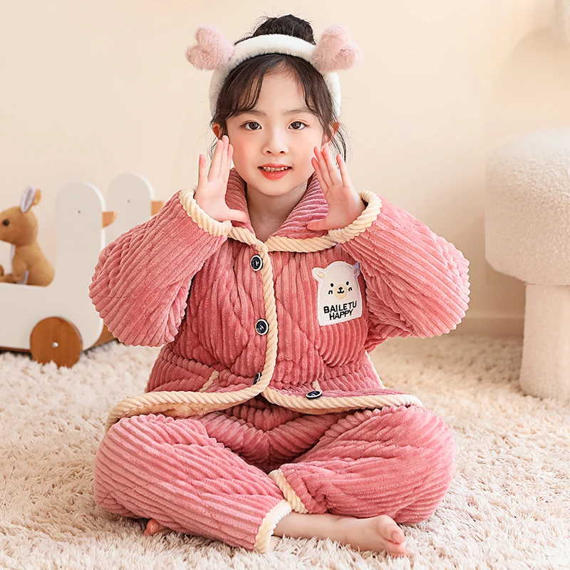 冬季儿童法兰绒睡衣男童男孩加厚款夹棉女童宝宝珊瑚绒家居服保暖