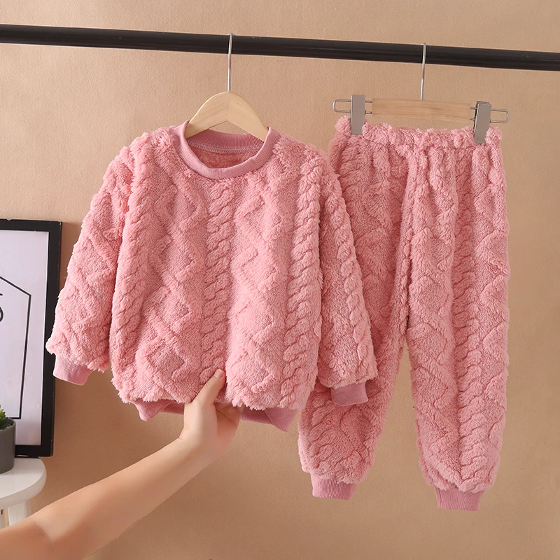 儿童法兰绒睡衣秋冬季男童女童宝宝加厚套头珊瑚绒女孩家居服套装