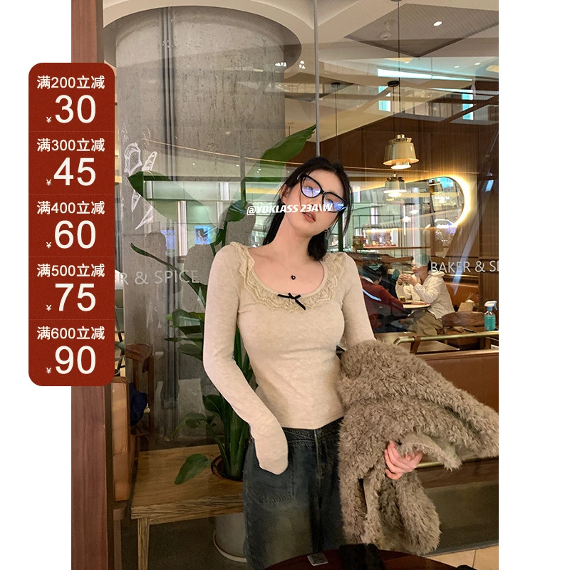 王少女的店 杏色显瘦甜美修身花边圆领针织衫舒适感上衣Z13074S34