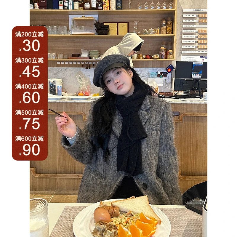 王少女的店【现】花灰色加厚百搭毛呢保暖外套复古上衣 N13778S34