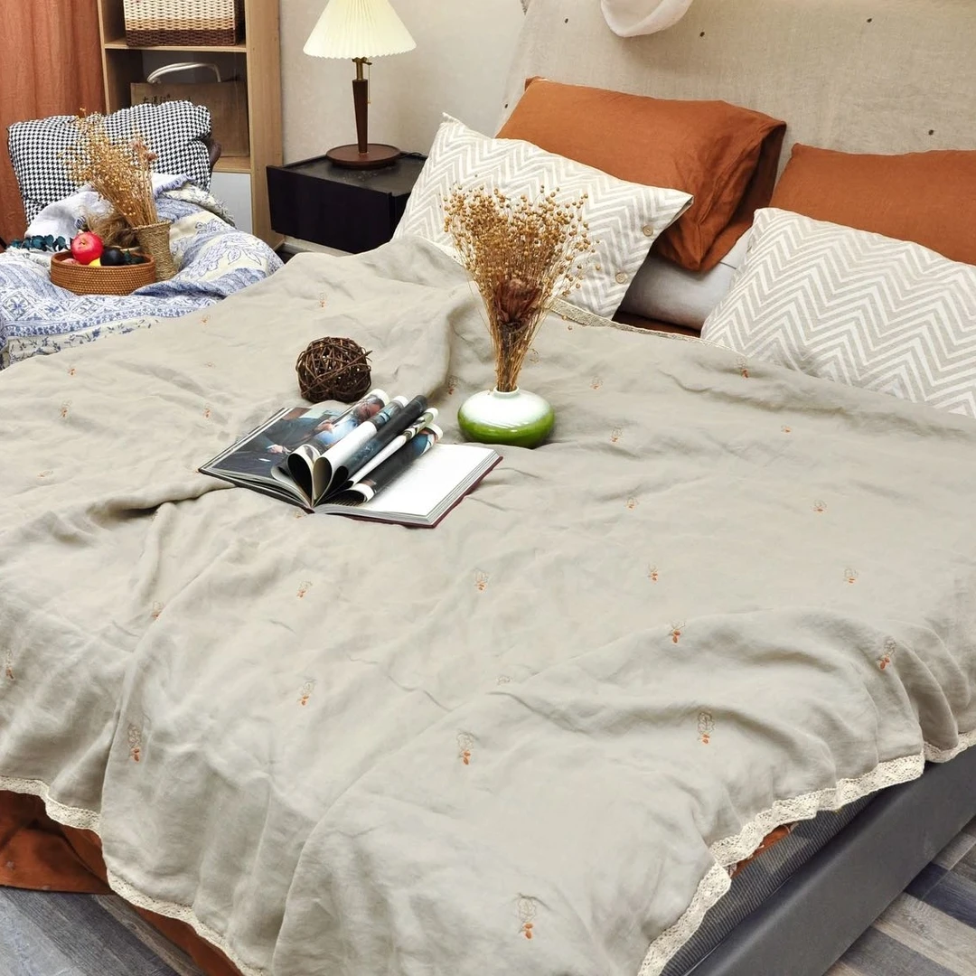 亚麻三层蕾丝盖毯 【小枸杞】