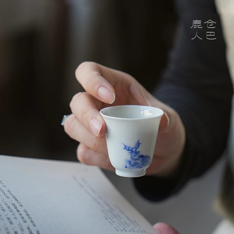 仓巴鹿人 青花幽眠铃铛杯 景德镇陶瓷纯手工制作主人杯品茗杯30cc