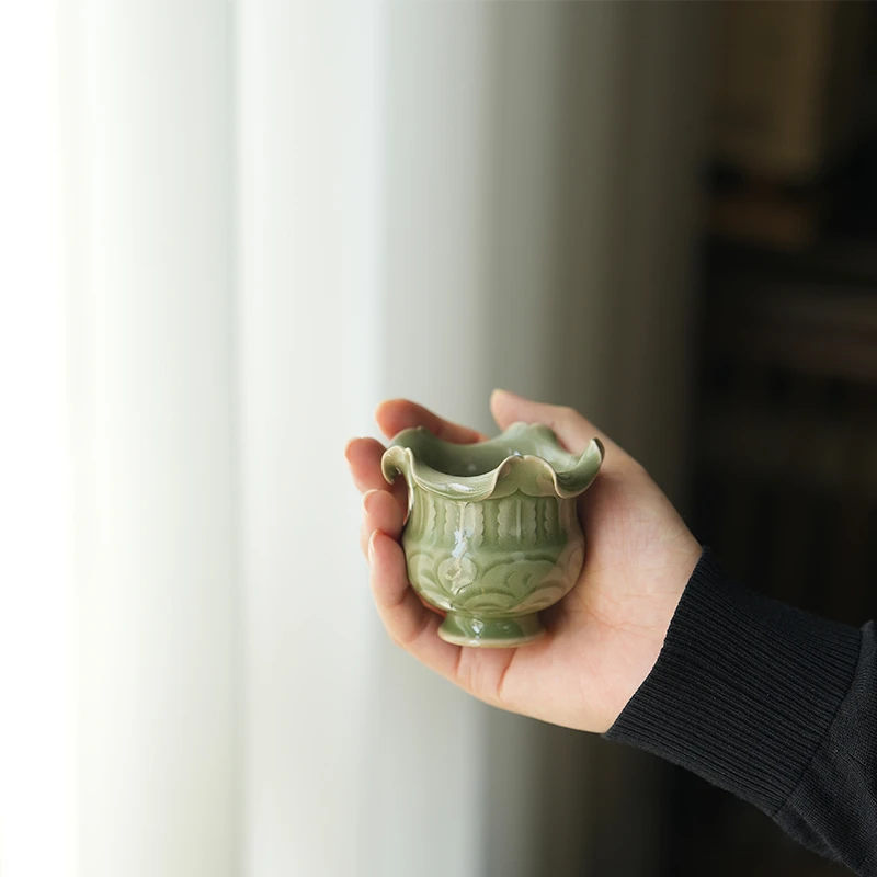 仓巴鹿人 青釉刻花纹花口小尊 手工茶道香插摆件器皿容器中式茶具