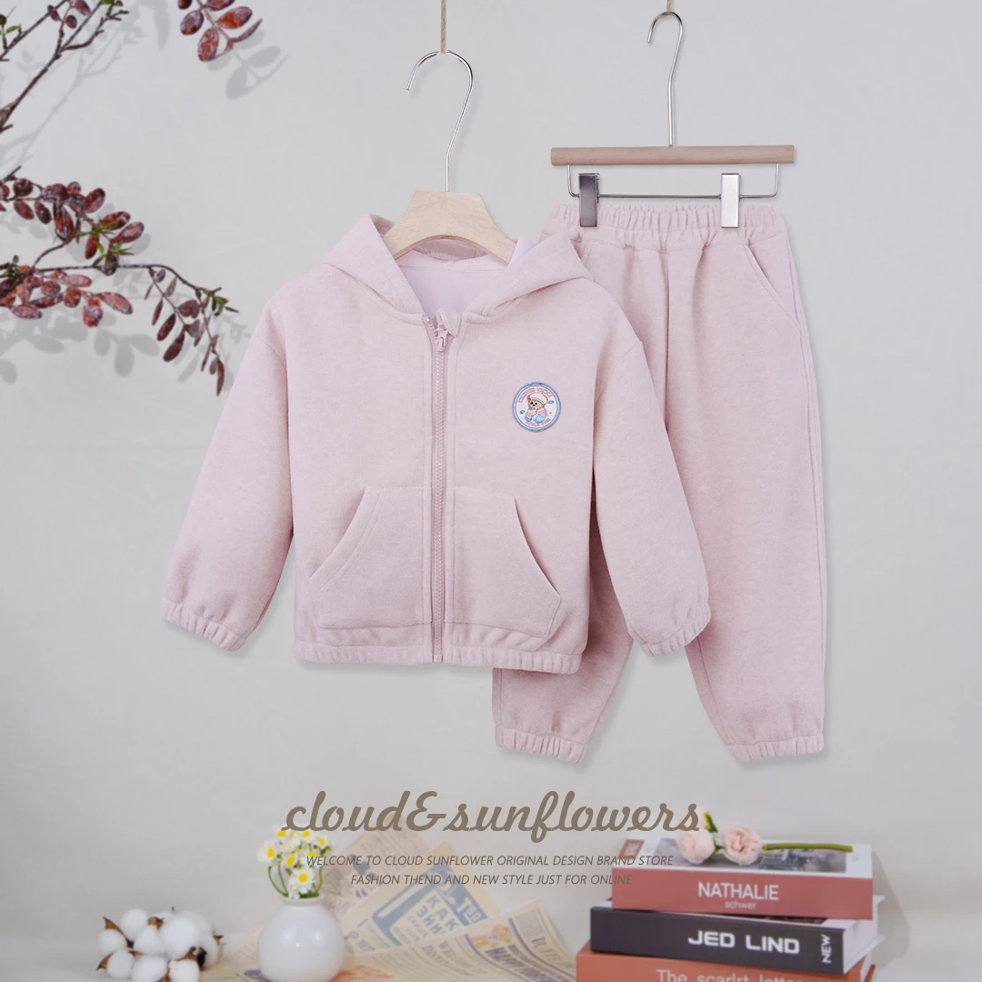 【云朵小葵】女童秋季连帽圆标粉色小熊运动休闲套装1112835