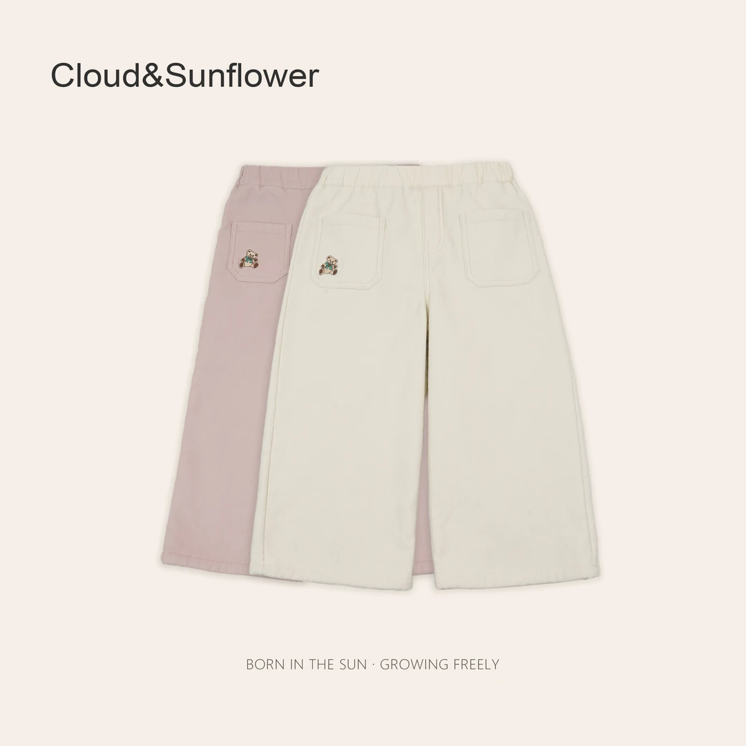 女童前兜可爱小熊刺绣粉色牛仔直筒裤283002