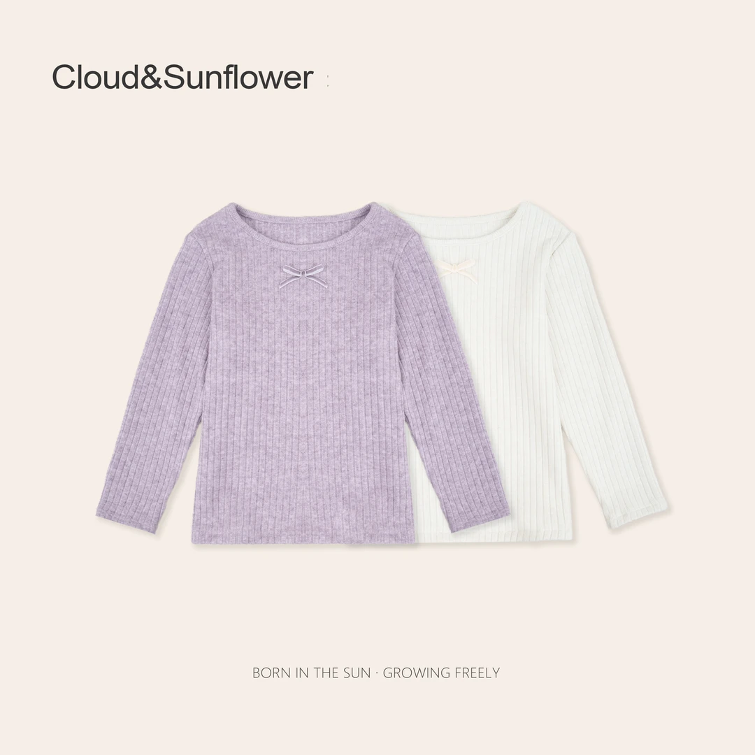 女童纯色竖条蝴蝶结圆领秋季时尚打底毛衣660302