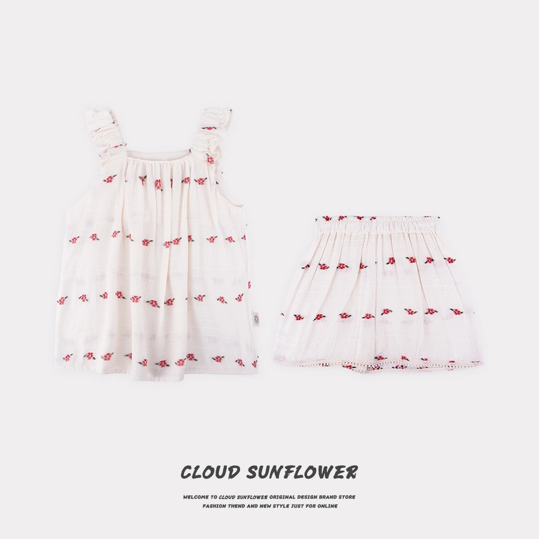 【云朵小葵】女童薄款夏季洋气甜美小红花无袖套装28977