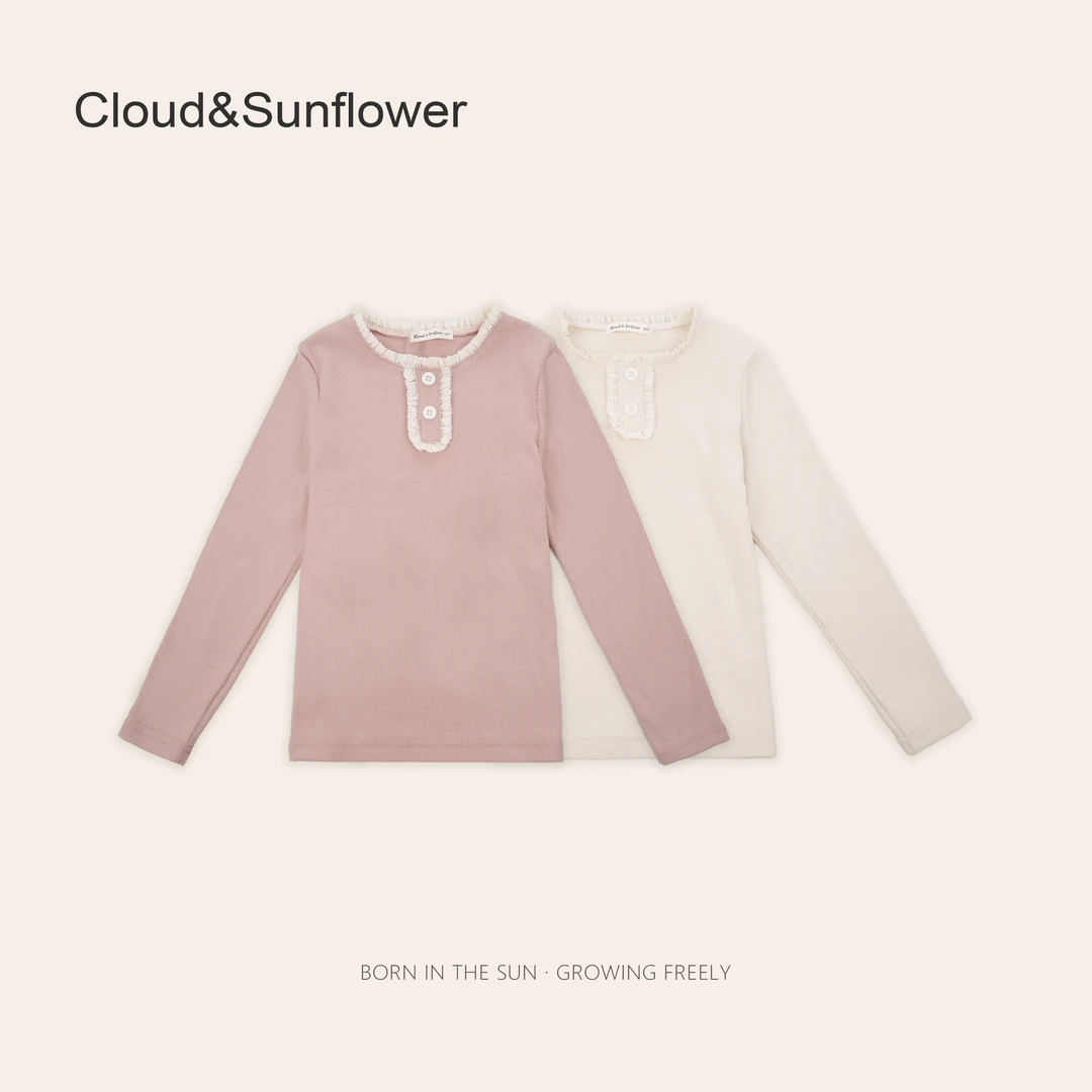 女童两粒扣蕾丝花边圆领百搭休闲打底上衣243908