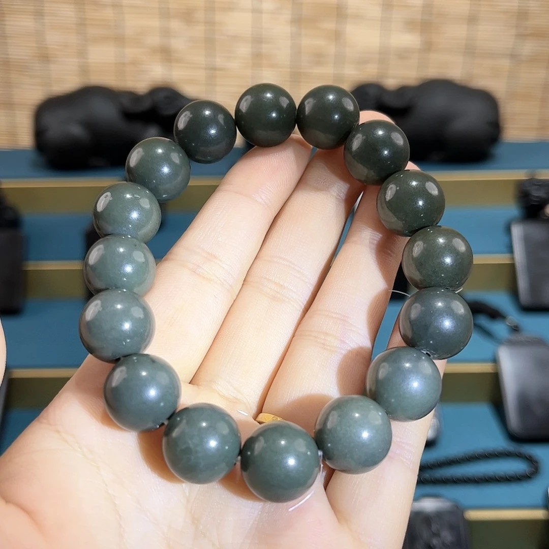 和田玉（青玉）青玉14mm手串未镶嵌