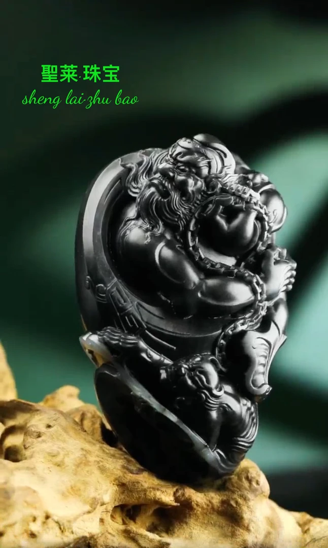 和田玉墨玉钟馗手把件手工黑色双面雕刻精雕