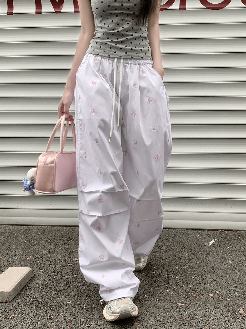 美式复古蝴蝶结刺绣伞兵裤女夏季阔腿抽绳褶皱运动工装休闲长裤