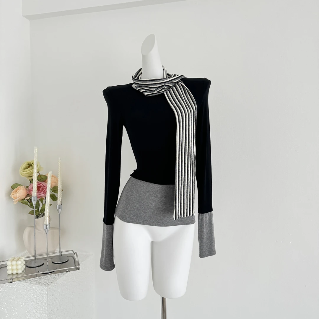 慵懒讯号 气质显瘦撞色休闲设计感百搭长袖T恤上衣女