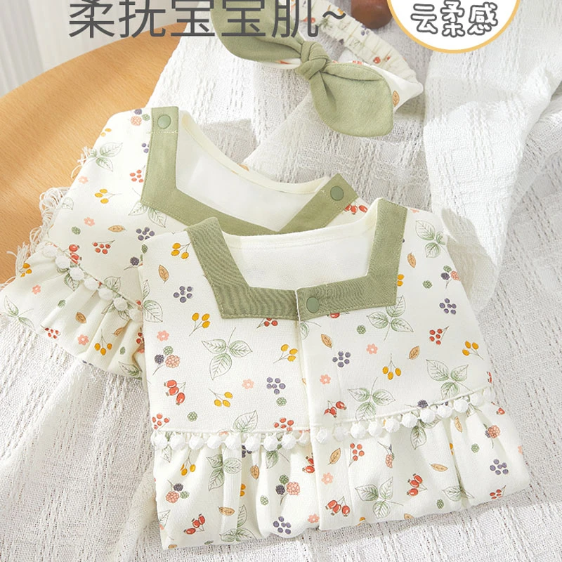 【专柜】春秋婴儿连体衣洋气小碎花女宝宝包屁衣舒绒棉甜美外出服