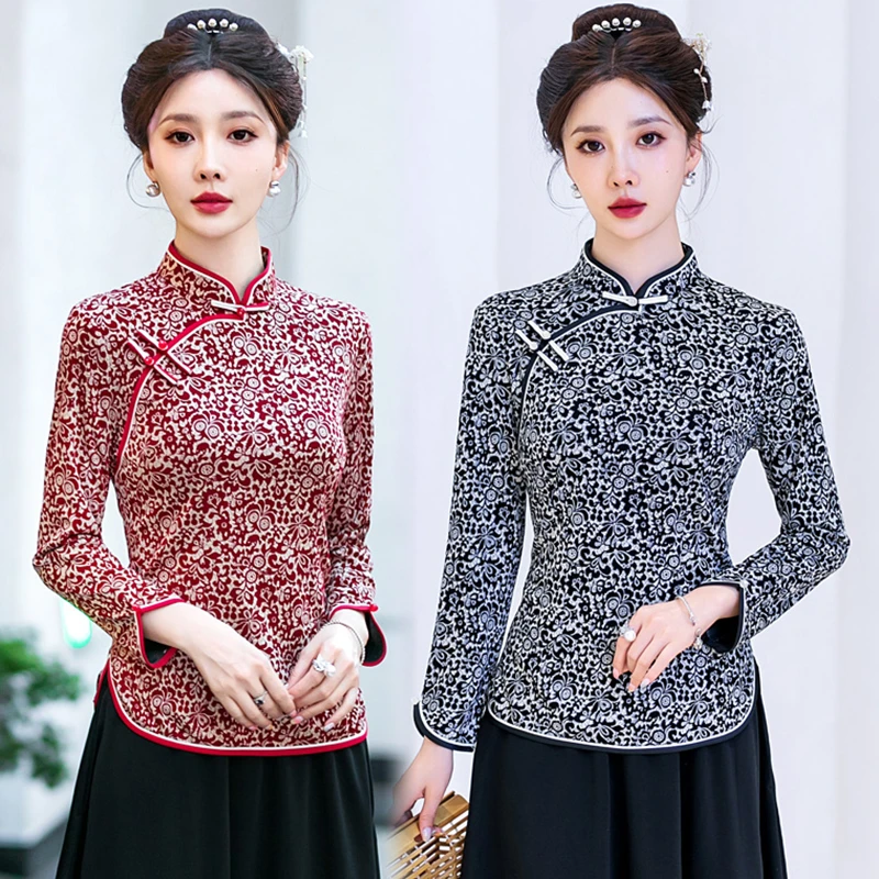 中年女秋装新款改良旗袍上衣时尚气质妈妈长袖打底衫新中式小衫