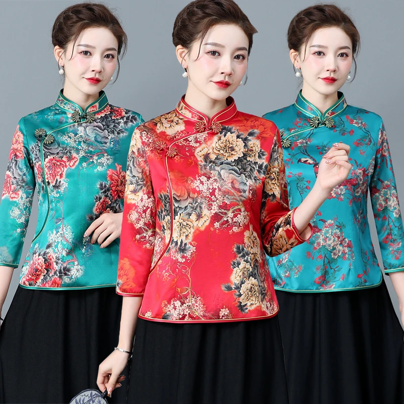 中老年妈妈装显瘦新中式唐装新款七分袖上衣复古中国风旗袍小衫