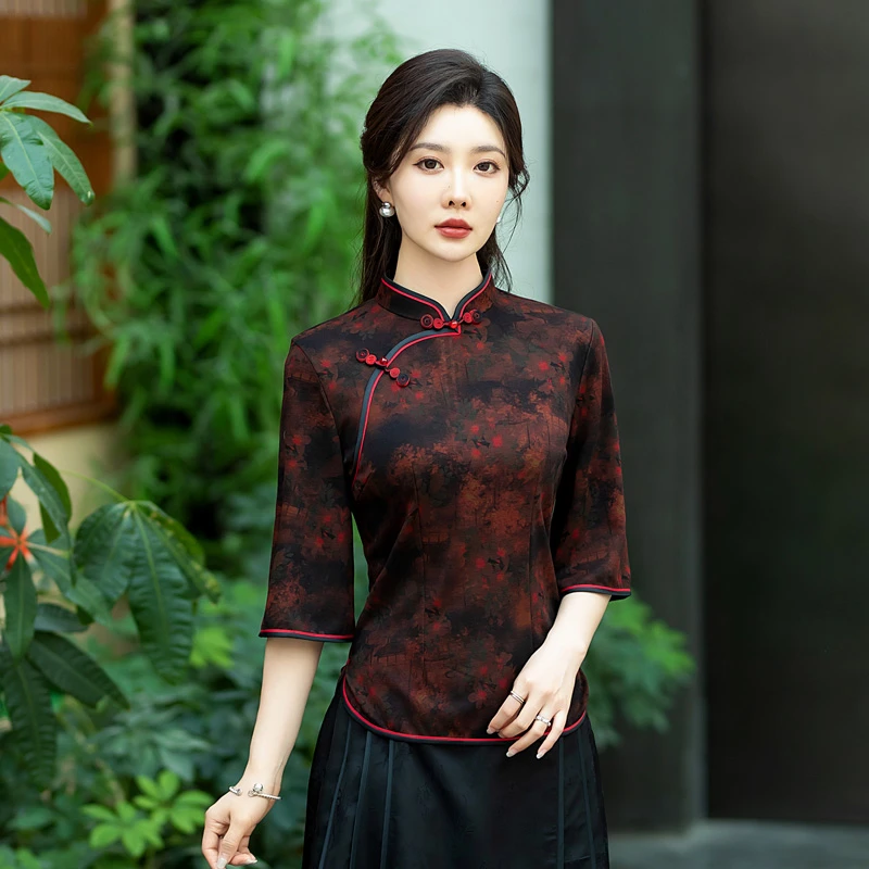 春夏季改良旗袍小衫女上衣日常修身复古中式妈妈唐装盘扣上衣