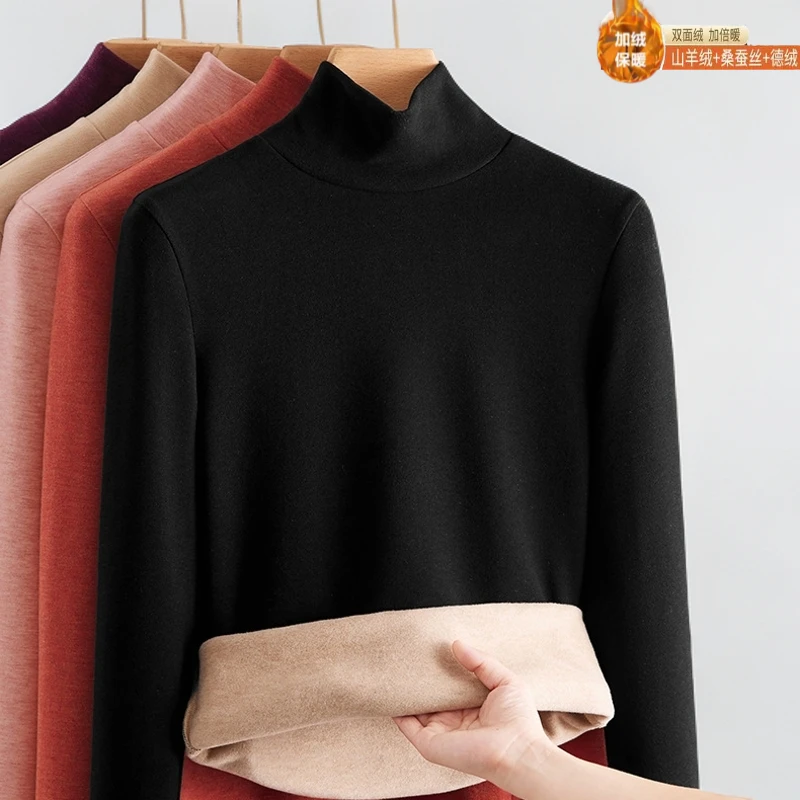 【JW】冬季新款高领蚕丝羊绒德绒秋冬打底衫女款加绒内搭保暖加厚款