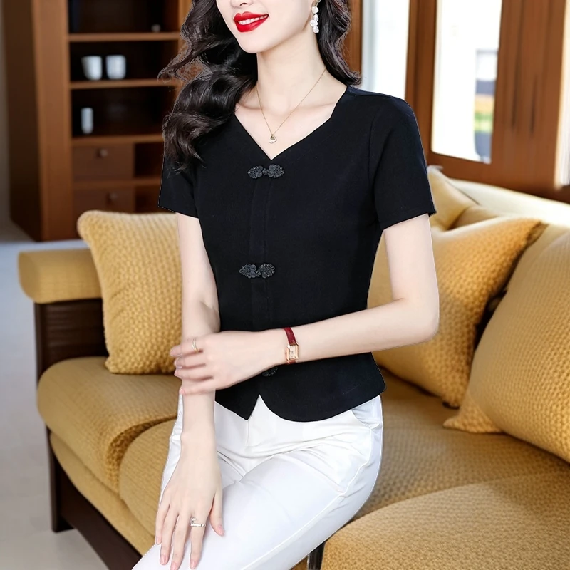 【SK】DHT国风盘扣短袖黑色T恤女夏新款百搭洋气小个子修身短款显瘦