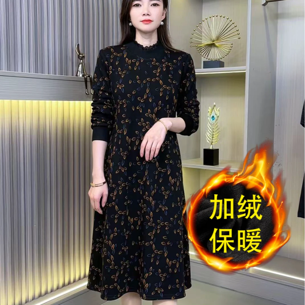 2024新款长袖连衣裙洋气百搭加绒气质加厚时尚中长款保暖
