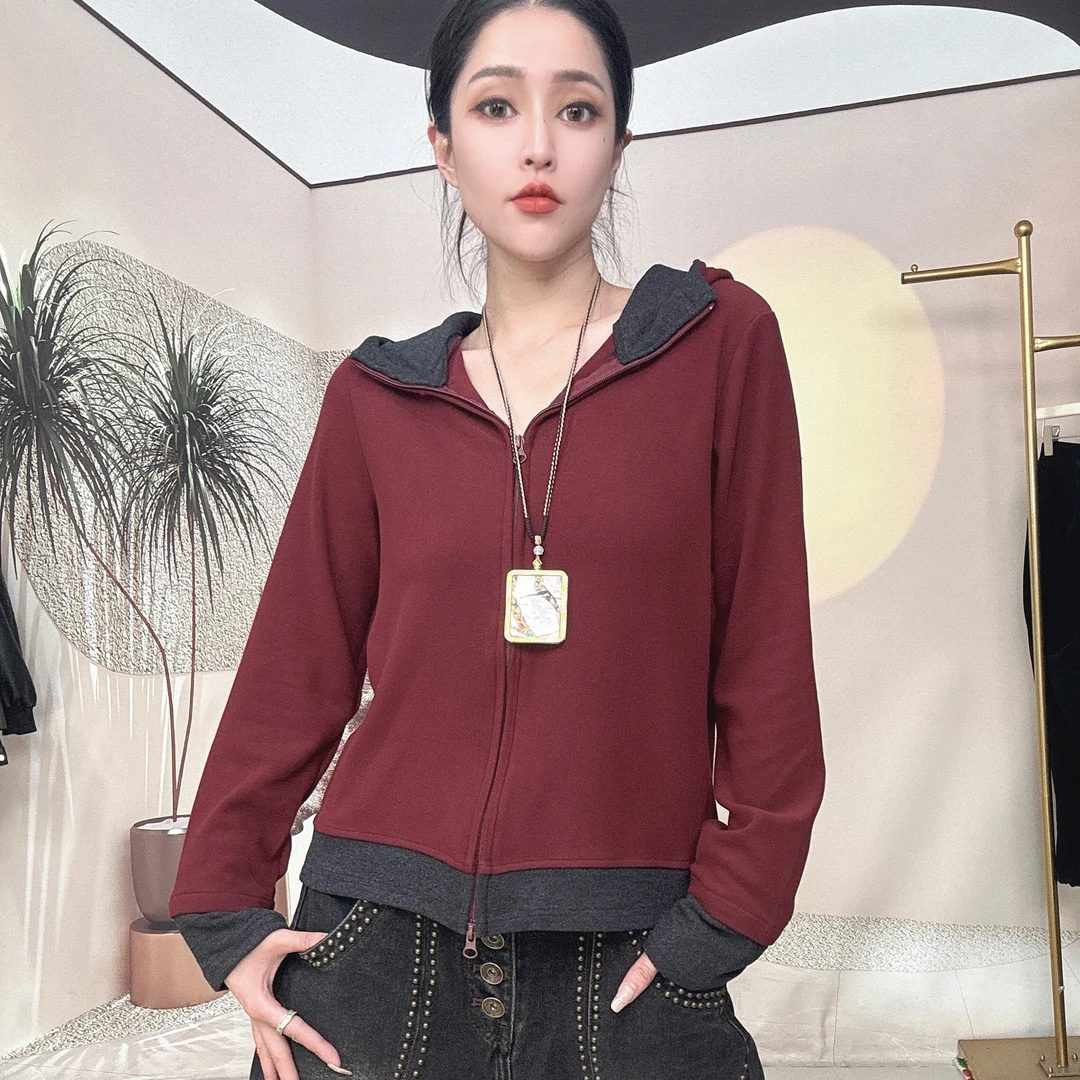 6291时尚休闲百搭纯色秋季运动长袖带帽显瘦双面绒外套