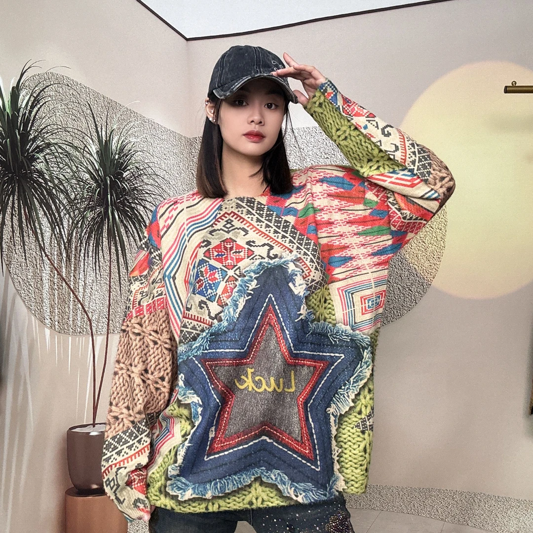 8512秋冬新款印花休闲花色宽松毛衣针织长袖网红时尚复古毛衣