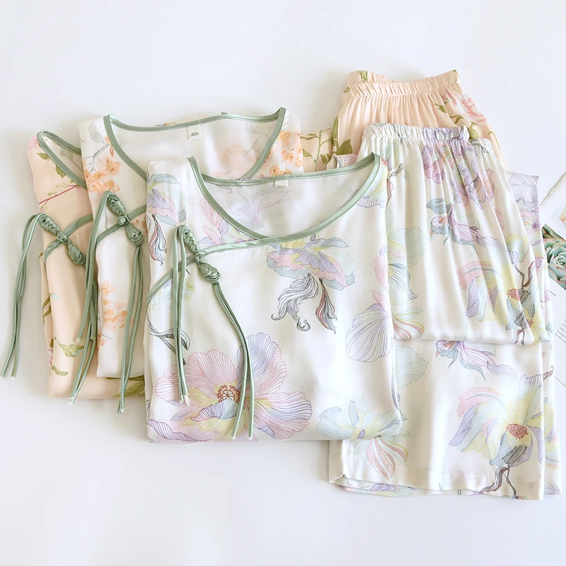 贡缎盘扣国风女套装印花睡衣士春夏棉绸长袖长裤人造棉空调服