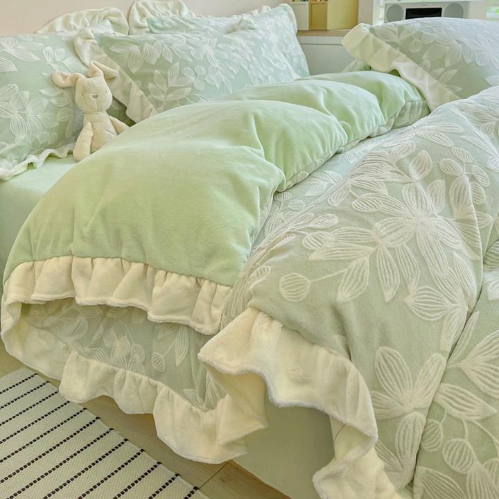 冬季加厚牛奶绒床上四件套双面加绒加厚冬天款床单被套学生三件套