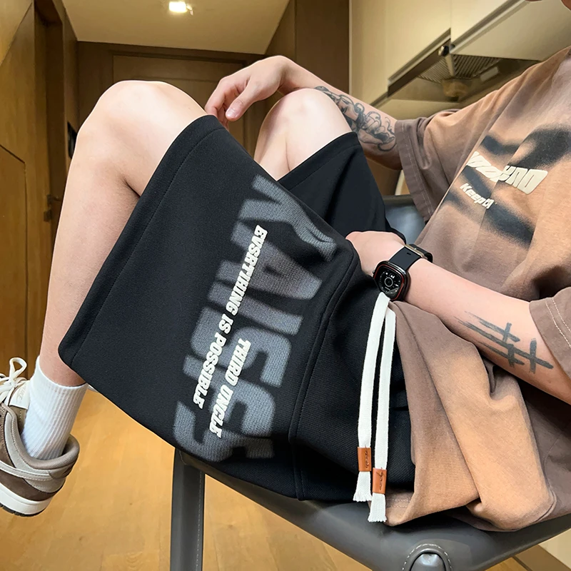 潮牌字母发泡短裤男夏季宽松百搭大码运动五分裤美式休闲沙滩中裤