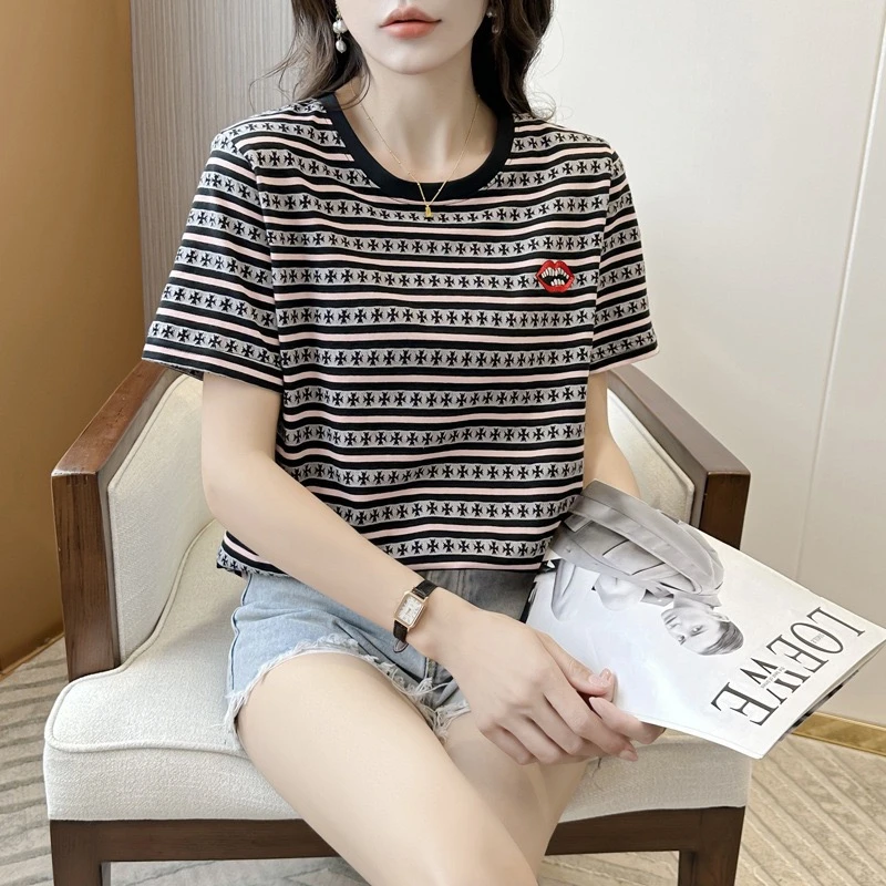 欧货设计感条纹短袖棉T恤女时尚宽松百搭显瘦刺绣夏季圆领韩版