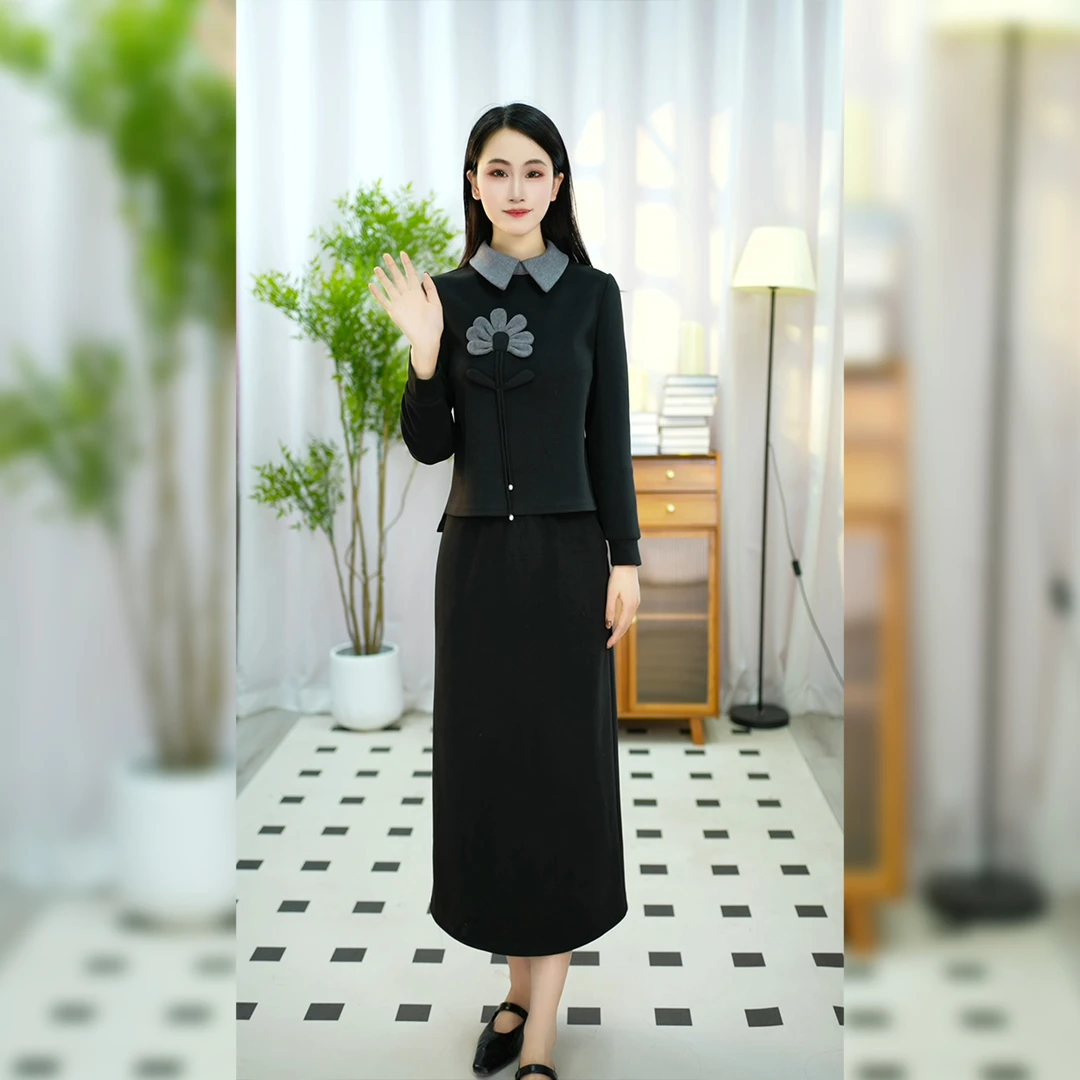 2024新款女士黑灰长袖优雅秋冬时尚显瘦气质职业修身高贵两件套
