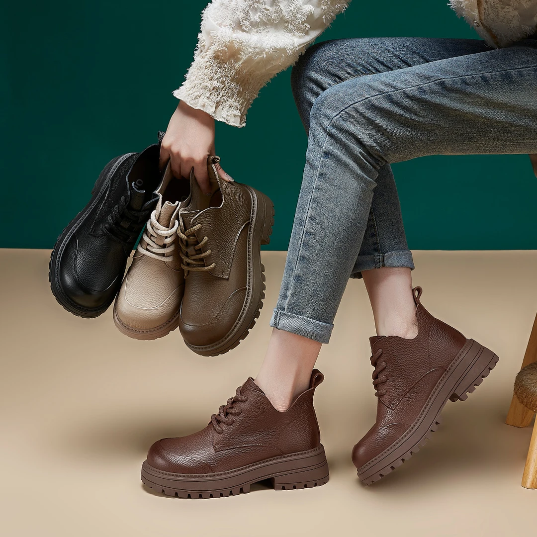 Oulisasi头层牛皮马丁靴2024加绒加厚复古风厚底牛皮靴子女