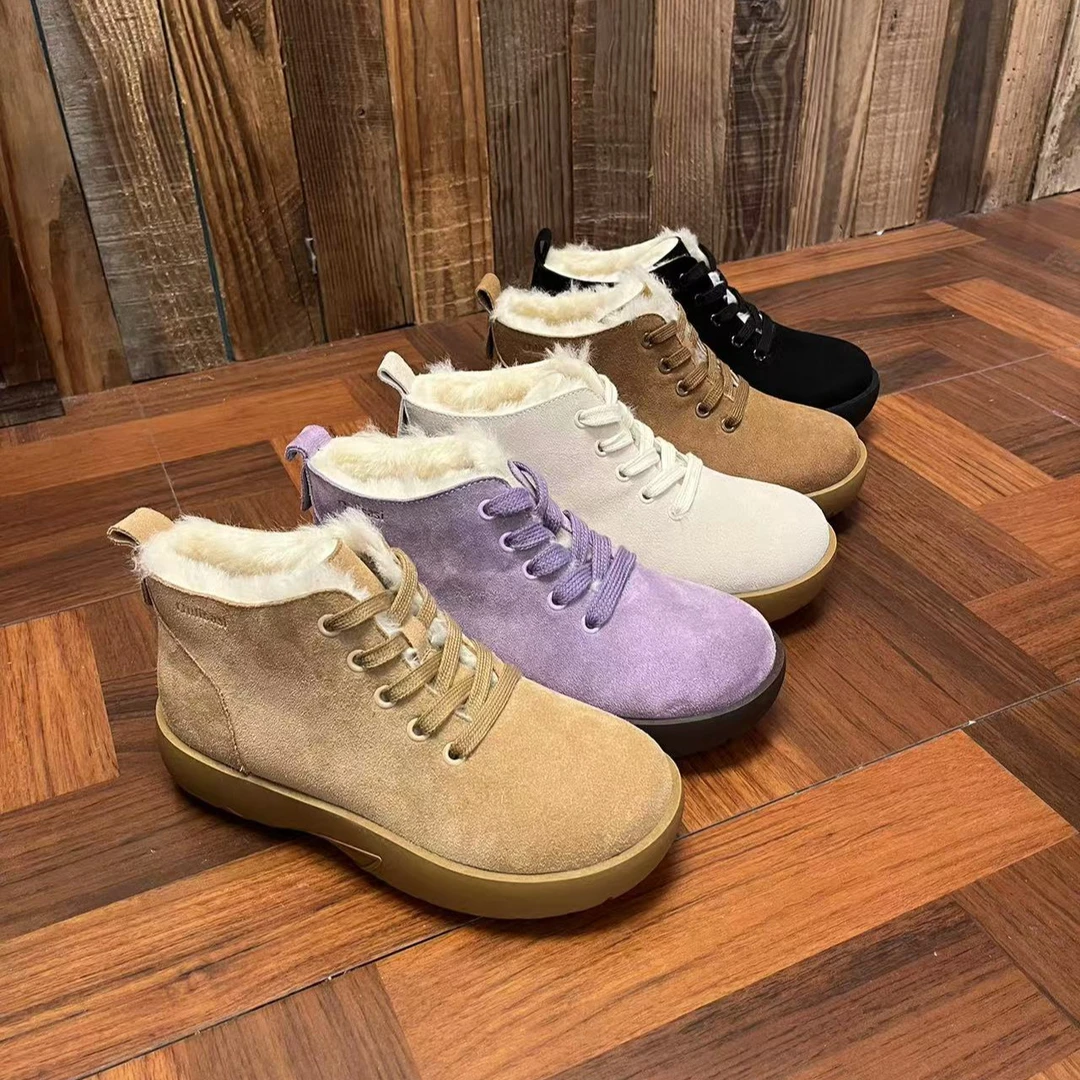 Oulisasi雪地靴2024秋冬新款牛皮加厚中筒靴厚底系带舒适防滑靴