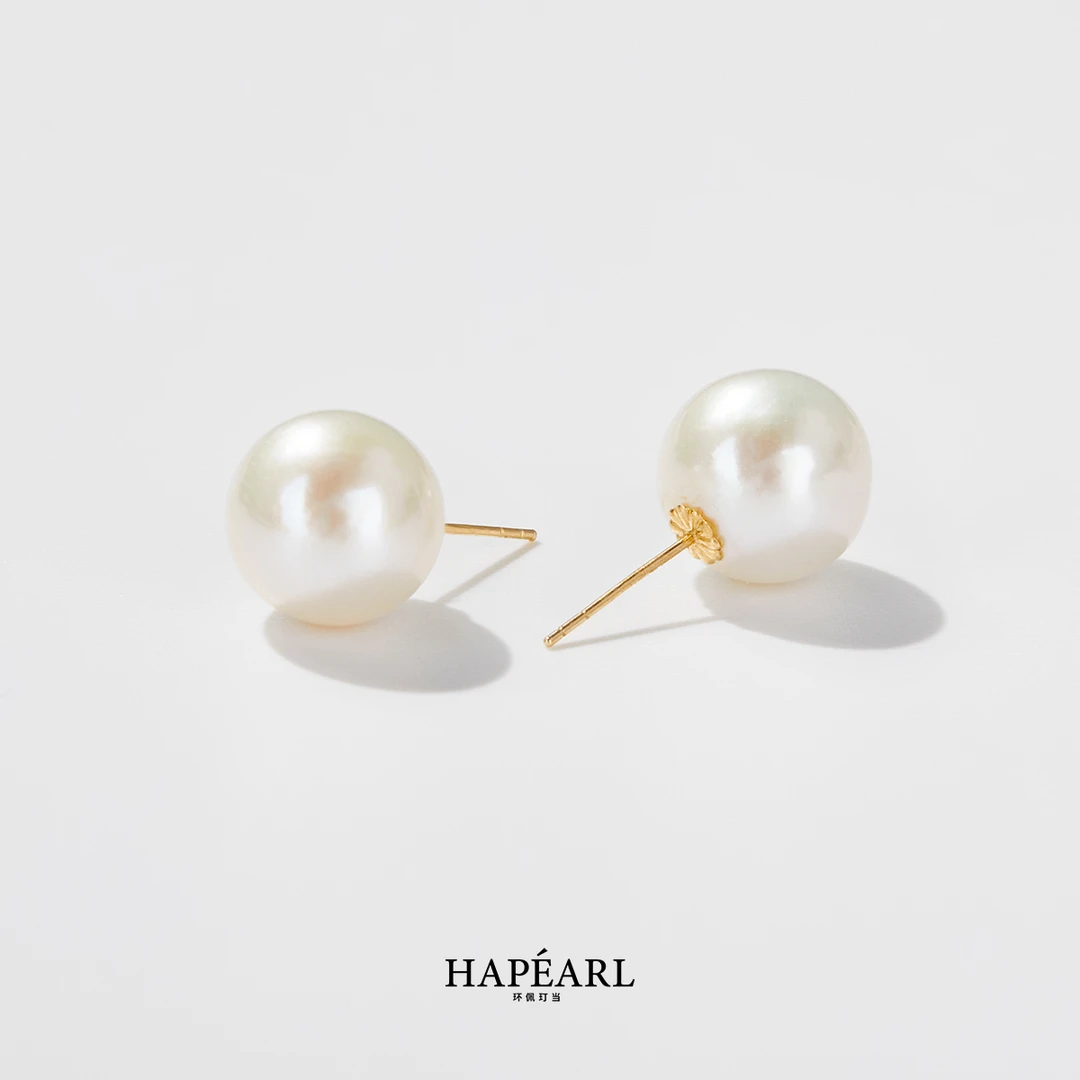 环佩玎当明星18k金天然淡水珍珠耳钉欧若风珠宝约9-10mm