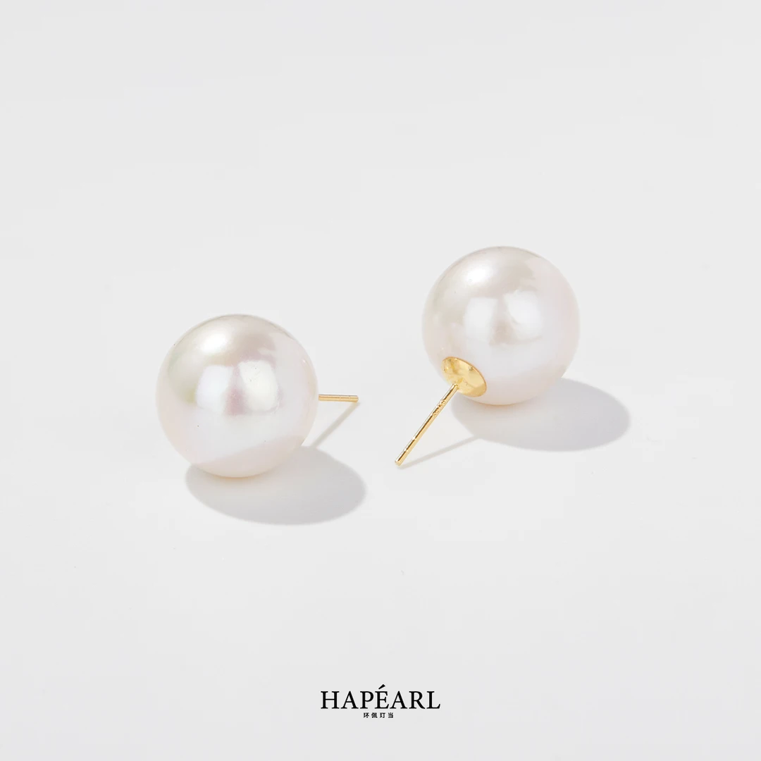 环佩玎当大龙珠18k金天然珍珠素钉正宗强光耳钉女欧若风珠宝