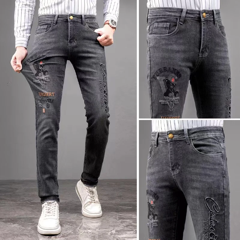 2024男士秋冬季新款休闲时尚万针刺绣重工烫钻牛仔裤