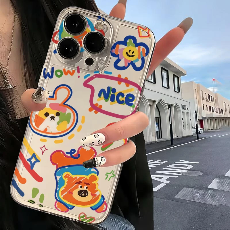 涂鸦草莓熊iphone15promax苹果14/13手机壳12透明11x软7/8p卡通6s