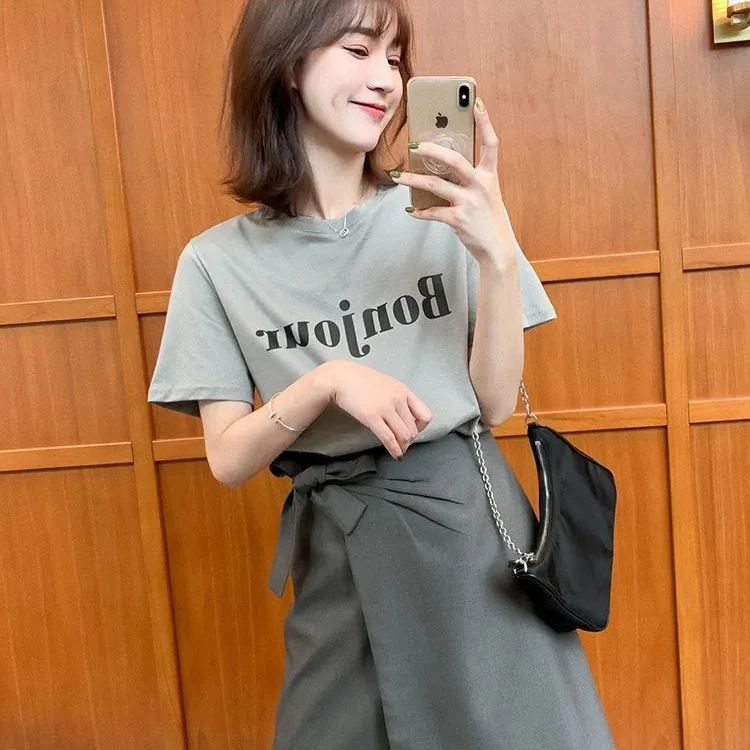 2025夏季新款a字半身裙女高级感气质短袖t恤套装短裙两件套气质