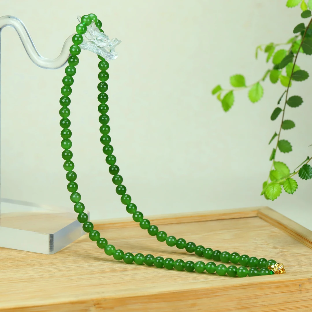 【凤霖珠宝】天然和田玉碧玉苹果绿无黑点6mm项链时尚小米珠锁骨链