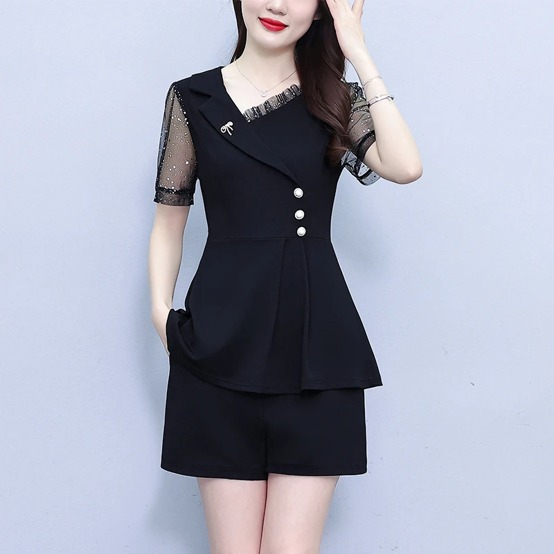 2024夏季夏宽松简约黑色亮片拼接开叉包臀气质显瘦中年妈妈两件套