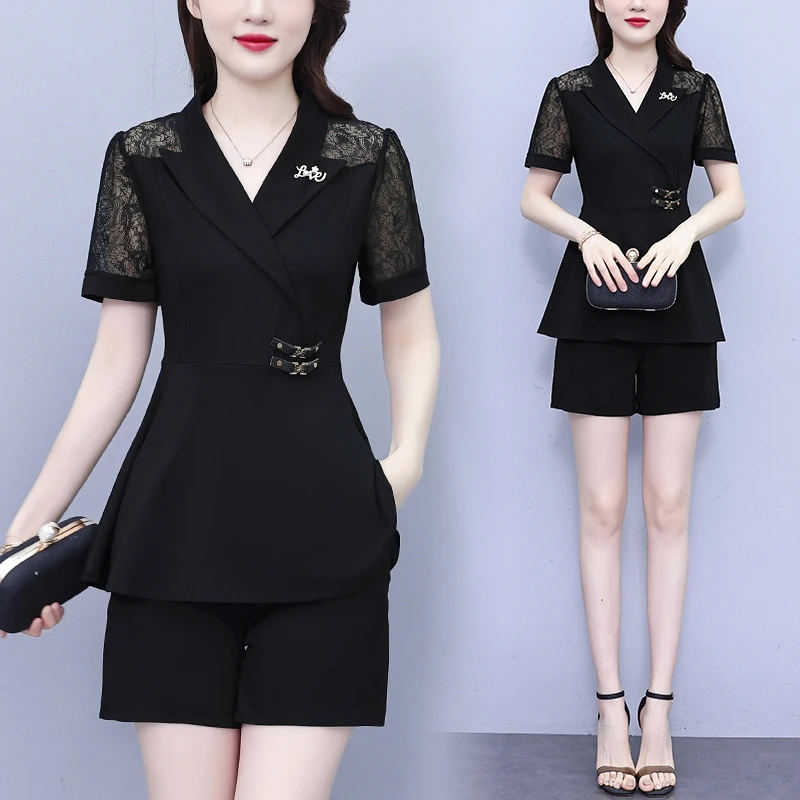 现货实拍 2024夏季新款胖妹妹时尚修身显瘦蕾丝拼接上衣+短裤套装