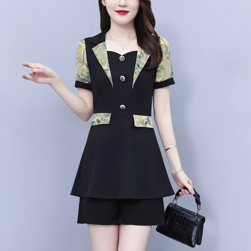 大码女装2024夏季西装领气质拼接印花显瘦上衣＋短裤两件套套装女