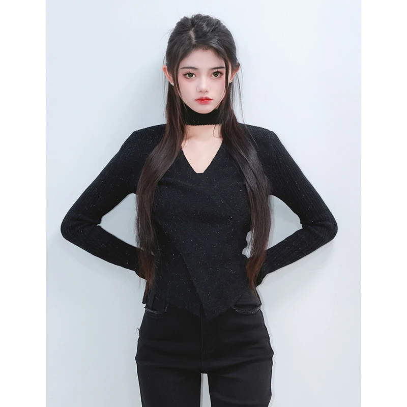 【月光浮星】秋冬设计感修身百搭短款内搭毛衣针织显瘦黑色外穿上衣